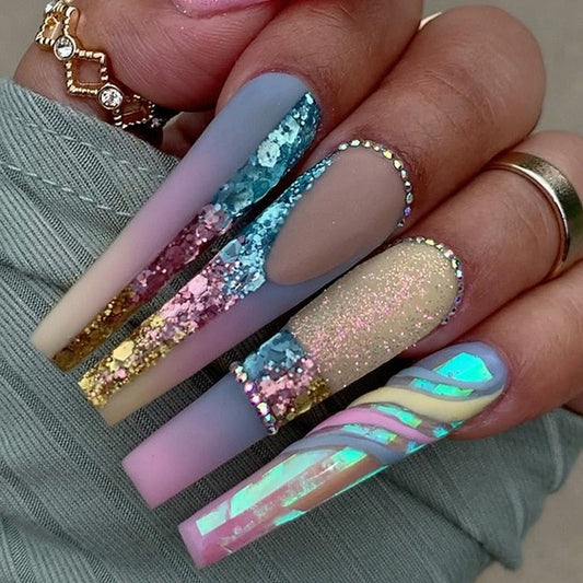 3D nep nagels accessoires super flash glitter rainbow daimond lange Franse kist tips faux ongles druk op valse nagelbenodigdheden