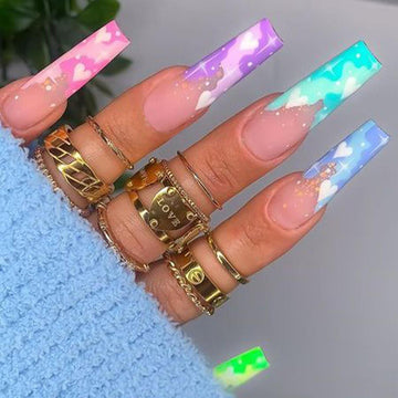 Accesorios de uñas negras 3D Heart con brillar Long Freen Affin Tips Faux Ongles Press en suministros de uñas falsas acrílicas