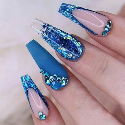 3D fake nails set with diamond glitters blue flakes designs middle size french tips faux ongles press on acrylic false nail art