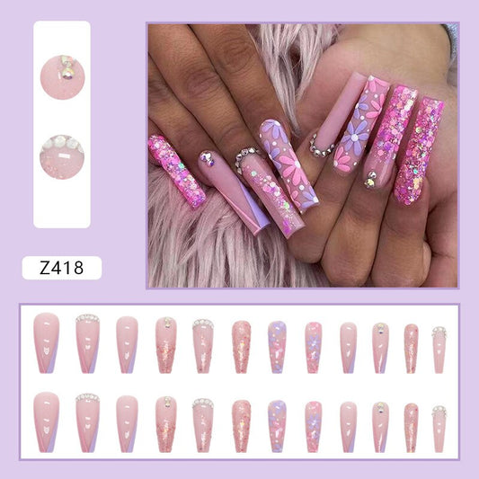 3D strobe falska naglar rosa lila blommor med glitter diamantflingor långa franska kista tips faux ongles tryck på falsk nageluppsättning