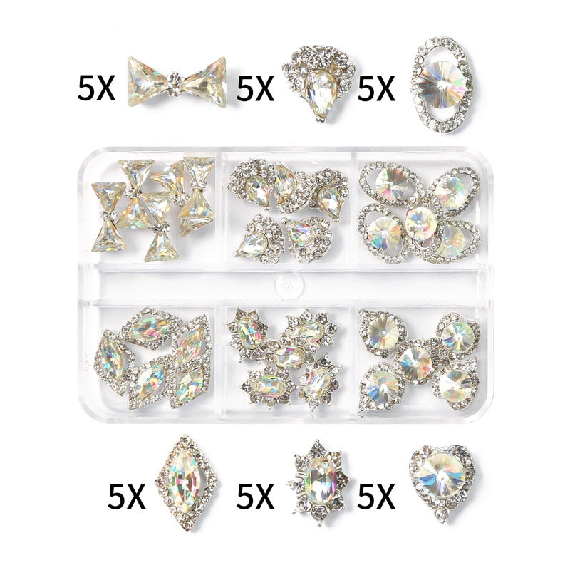 1Box Nail Art Rhinestones Crystal Glass Gems Decorations 3D Alloy Heart Nail Charms Luxury Nail Diamonds DIY Nail Supply Jewelry