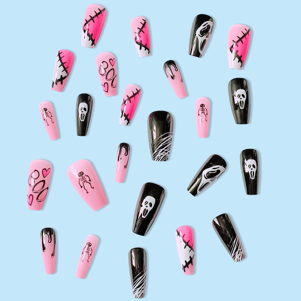 24Pcs/set Press On Nails Halloween Grimace Ballet Full Cover False Nails Diy Glue Press On Fear Nails French Manicure