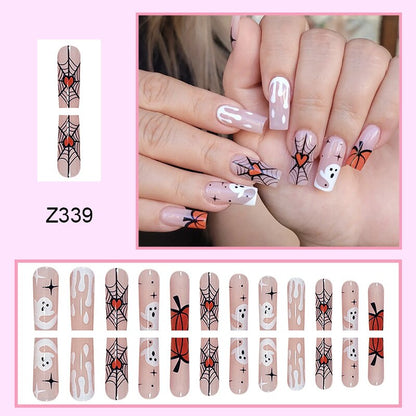 24pcs Sweet Cool Pink Black False Nails Halloween Skull Batch Pattern Design Press On Nail Patch Wearable Artificial Nail Tips