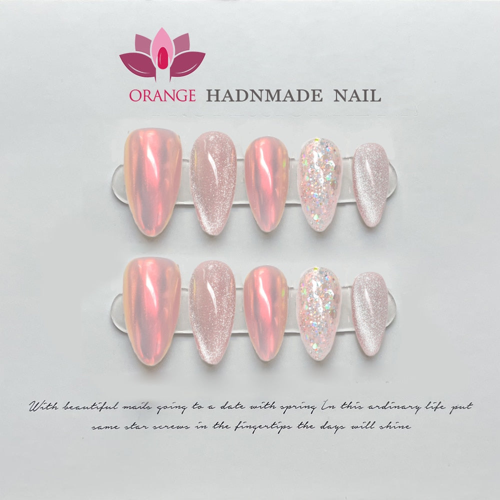 Handmade Oval Press On Nails With Design Reusable Glitter Fake Nails Full Cover Artificial Manicuree Wearable Orange Nail Store