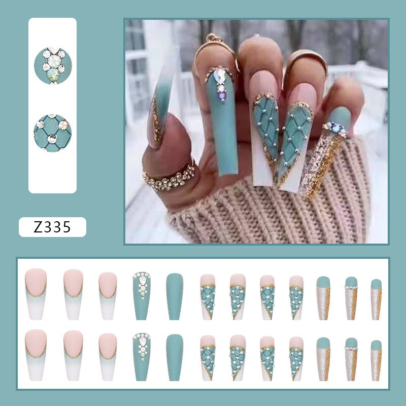 3D ballet fake nails set summer Green heart with glitter diamond designs long french coffin tips faux ongles press on false nail