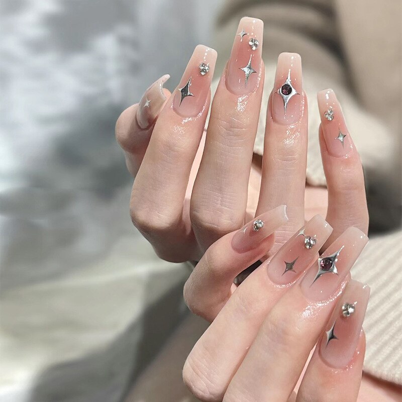 24pc Sweet Cool Girl False Nail with glue Wearable black y2k pink diamond fake nails with designs press on nails long coffin