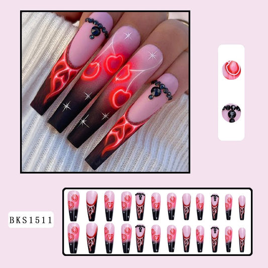 3D Fake Nails Accessories Falme Cherry Heart With Diamond Design Long French Coffin Tips Faux Ongles Press On False Nails Supply