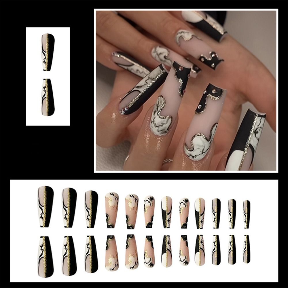 24Pcs Long Coffin False Nails Gold Glitter Sequins Designs Press On Full Cover Fake Nails Tips Wearable Manicure Art Accessories
