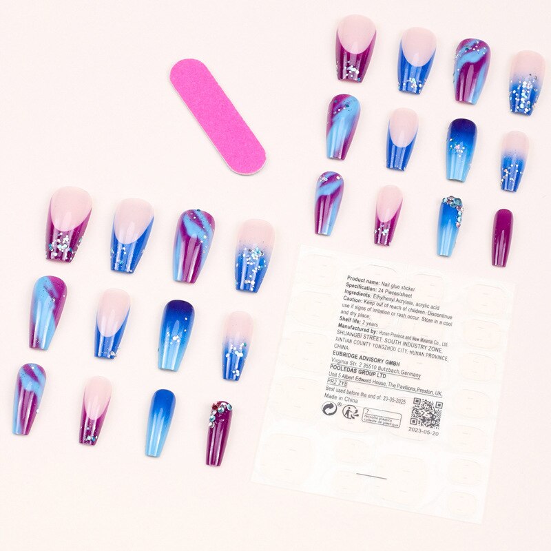 3D strobe fake nails accessories gradient blue purple with flash glitters diamond designs faux ongles press on false nail set