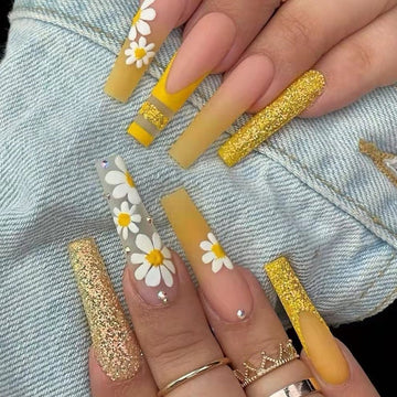 24 st/box gul daisy lång ballerina bärbara falska naglar tryck på fullt täcke avtagbara färdiga naglar