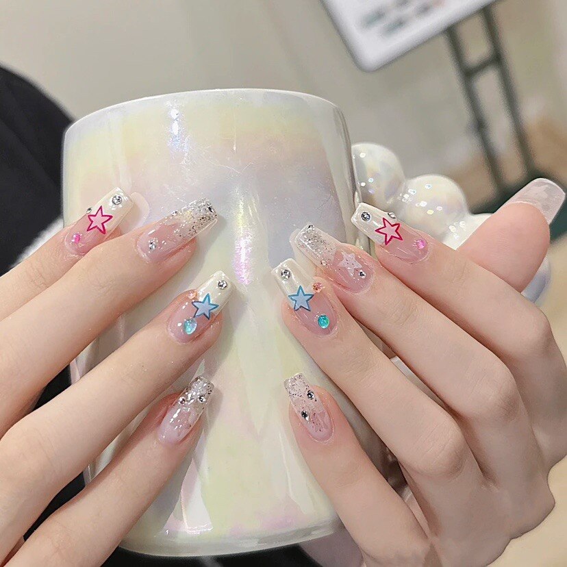 Handmade Barbie French False Press On Nails With Rhinestones Full Cover Ballerina Korean Manicuree Decoration Wearable Artificial Nails