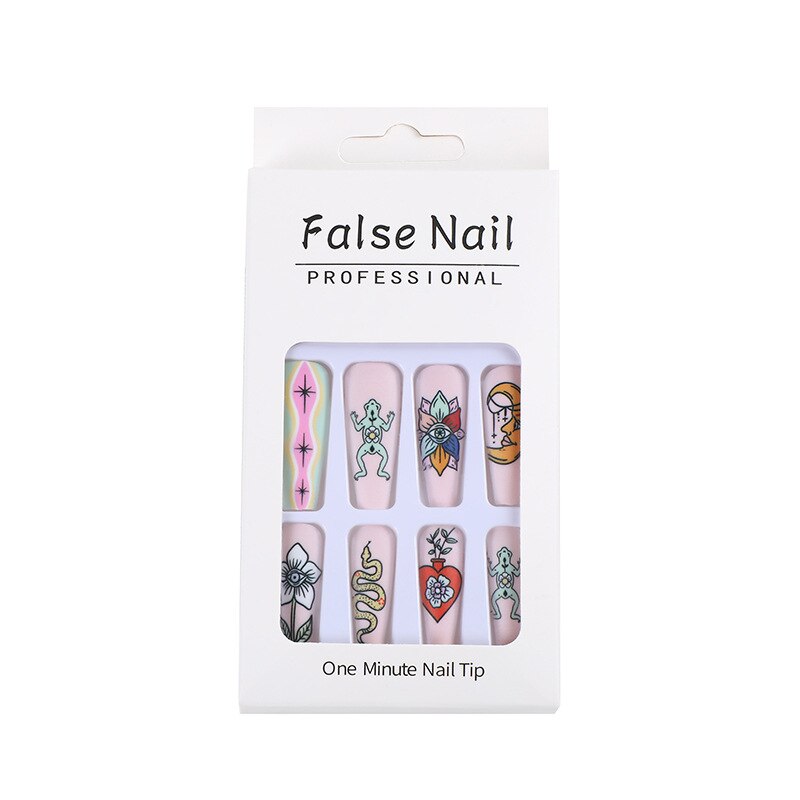 3D fake nails accessories long french coffin tips frog snake rose flower designs faux ongles press on acrylic false nail set