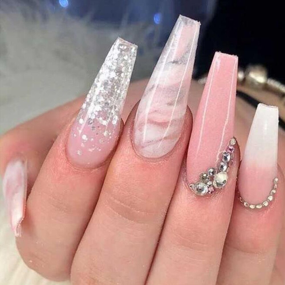 24Pcs Pink French False Nails French with Rhinestone Acrylic Fake Nail Tips Detachable Coffin Press on Nails Full Cover Manicure