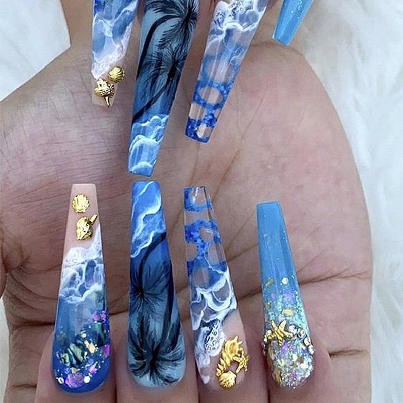 3d stroboscoop nep nagels accessoires handgeschilderd strand dragen lange Franse doodskistpunten met schelpen diamantpers op valse nagelset