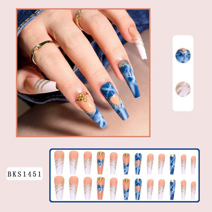 3D strobe fake nails accessories nude blue long french coffin tips with diamond glitters heart design faux ongles press on nails