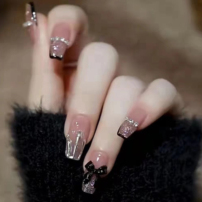 24pcs Wearable Pink Press On Fake Nails Tips With Glue false nails design Butterfly Lovely Girl false nails With Wearing Tools