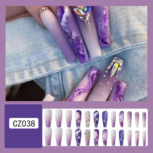 Lichte luxe violette stroboscoop nep nagels met glitter diamant druk op nagels accessoires faux ongles lange Franse kist nagel tips