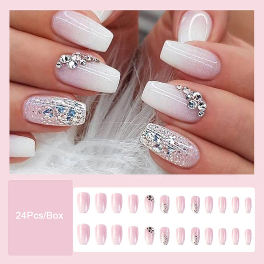 Trendig gradient rosa falska nagelips med mönster franska kista falska naglar set tryck på korta ballerina strass manikyr