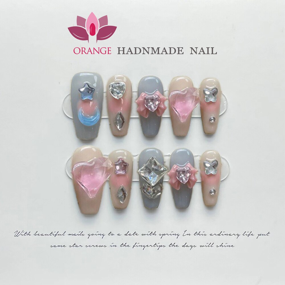 Handmade Korea Press on Nails Coffin Reusable Decoration Fake Nails Full Cover Artificial Manicuree Wearable Orange Nail Store