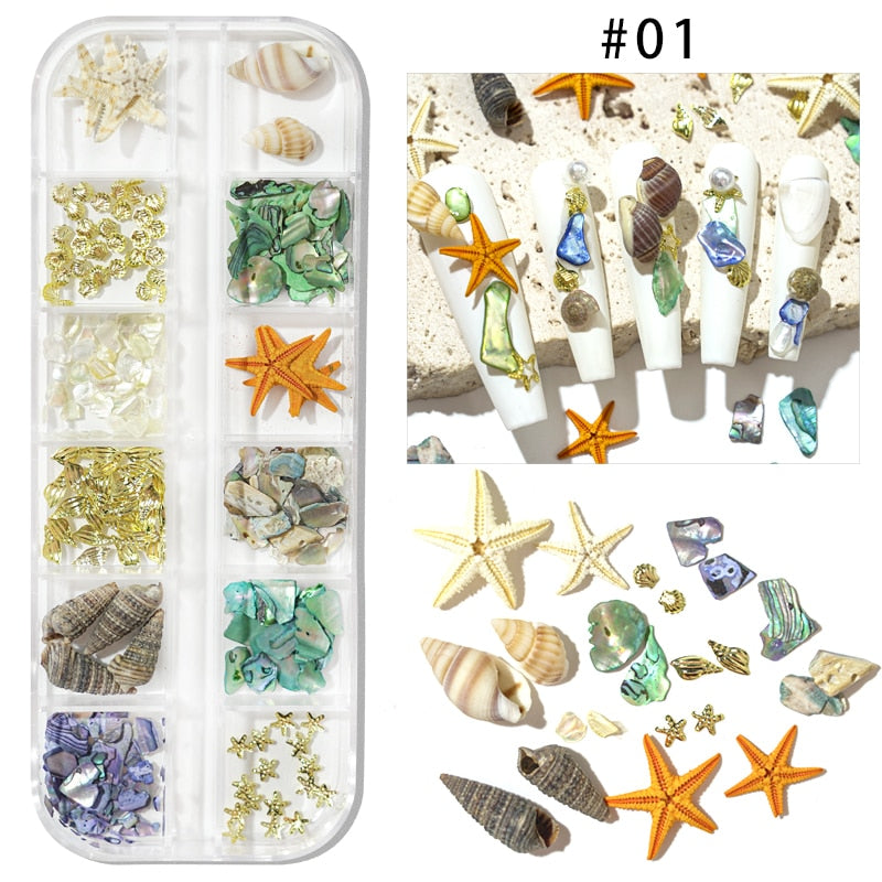 Arte de uñas de verano, diamantes de imitación, dijes de uñas de océano, concha, estrella de mar, concha, serie marina, diseño de uñas de playa 3D, decoración de manicura, piezas DIY 