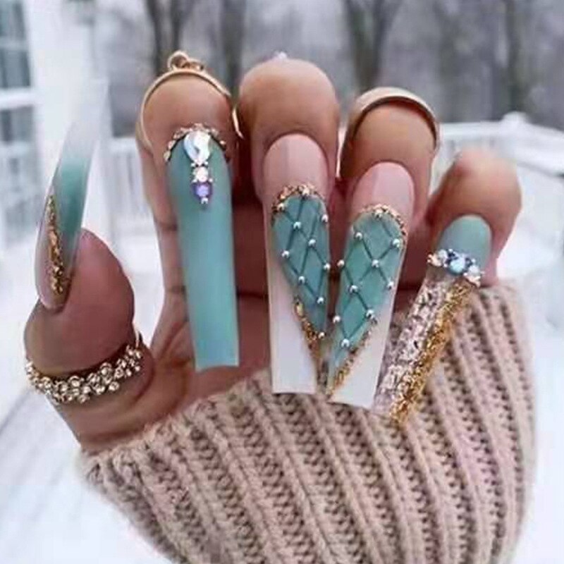 3D ballet fake nails set summer Green heart with glitter diamond designs long french coffin tips faux ongles press on false nail
