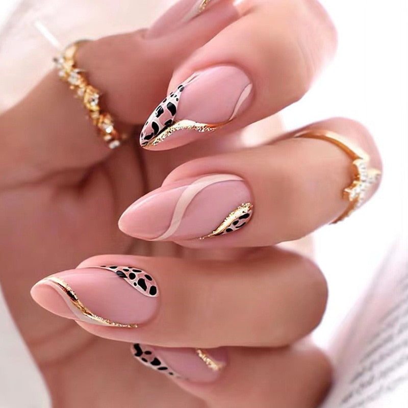 24pcs Long Stiletto False Nails wave Peals decorated Wearable French Fake Nails Press On Nails Leopard print Almond Manicure Tip