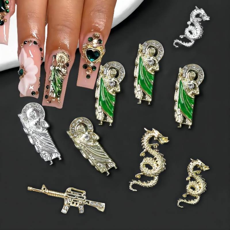 10 Uds. De dijes para uñas de la Virgen María, accesorios de joyería de aleación artística para uñas de Metal con diamantes 3D, consejos de salón chapados en oro, decoración de manicura 