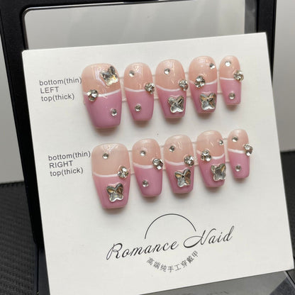 391-400 Number Phnom Penh Handmade French Fake Nails Professional Wearable Advanced Ballet Press On Nails With Rhinestones