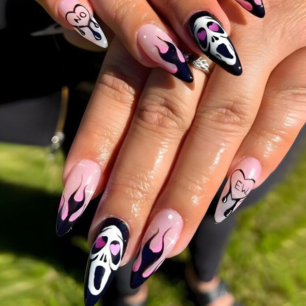 New Halloween Fake Nails Patch Black Almond/Coffin Head Artificial Nail Tips Pumpkin Spider Ghost Printed Press on Nail for Girl