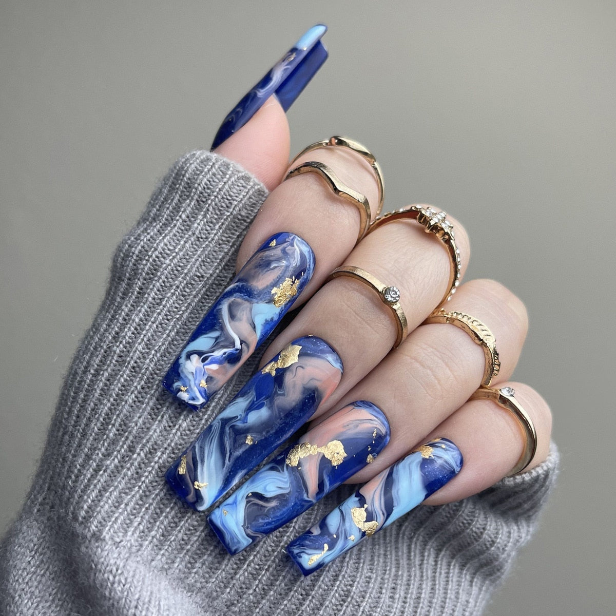 3D ballet fake nails accessories long french coffin tips Dream Blue Ink Printing with gold foils faux ongles press on false nail