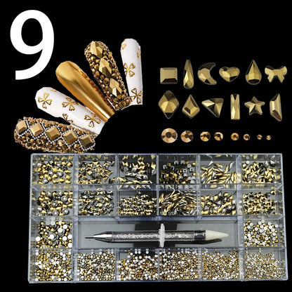 21 Grids Nail Decorations Box Packing AB Gold 3D Non-HotFix FlatBack Nail Art Rhinestones with Dot Pen Set Beauty Stones