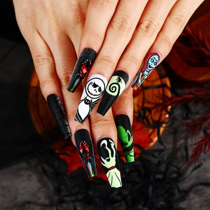 3D fake nails set for halloween party green ghost bride spider with rhinestones long french tips faux ongles press on false nail