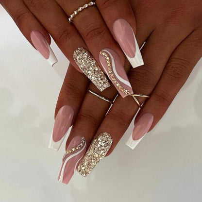 3D nude pink strobe fake nails accessories long french coffin tips with glitter diamond faux ongles press on false nail supplies