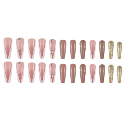 3D strobe fake nails accessories gold glitters pink french coffin tips with diamond faux ongles press on acrylic false nails set