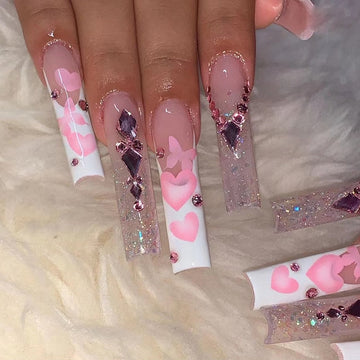 3D nep nagels set roze hart vlinder met glitter diamant lange Franse kist tips stroboscoop faux ongles druk op valse nagelkit