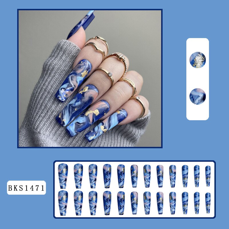 3D ballet fake nails accessories long french coffin tips Dream Blue Ink Printing with gold foils faux ongles press on false nail