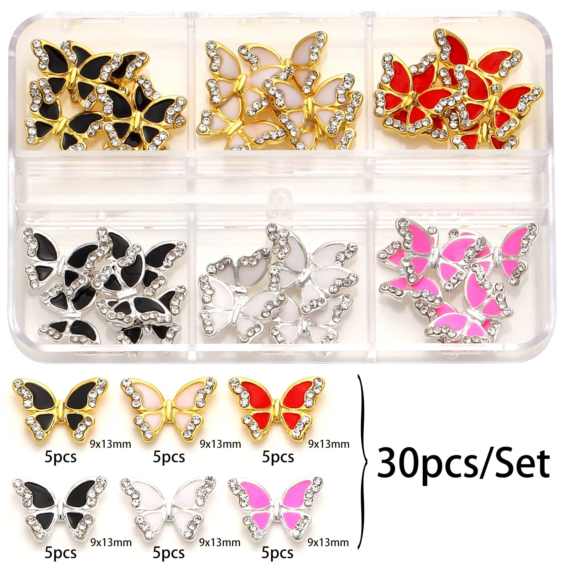 30/60 PCs/set Luxury Butterfly Nail Art Decorações de arte liga shiny shiny rhinestones pérolas gemas de zircão Diamond Charm Diy Unhas Acessórios