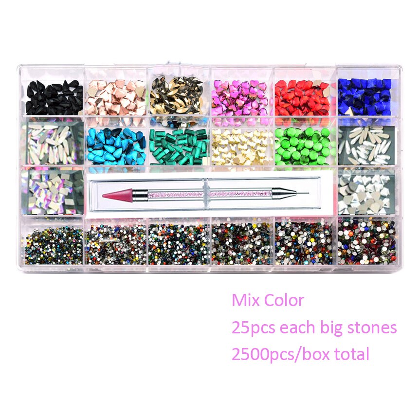 2500pcs Nail Art Rhinestones Kit  Boxed 21 Grids Mixed Size Set 1pc Pick Up Pen Glass Crystal Decorations 3D AB Flat Gemstones