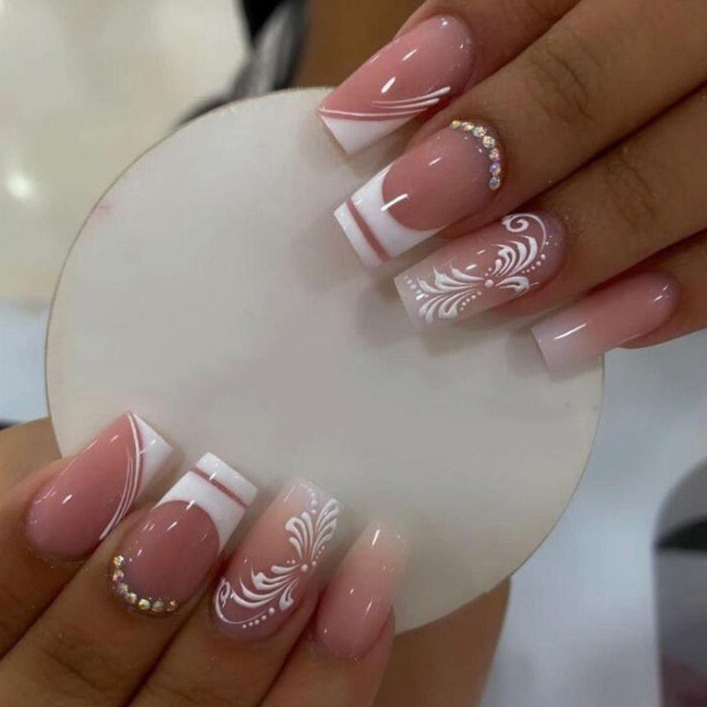 Trendy Rhinestones valse nageltips met printontwerpen ballerina manicure Franse witte randkist kist nep nagels set druk op nagel