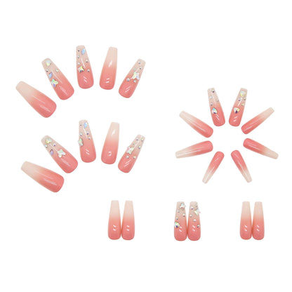 3D fake nails set glossy pink long french coffin tips with glitter star diamond faux ongles press on acrylic false nail supplies