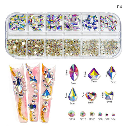 12Grids/Box Crystal Nail Art Rhinestones Glass SS4-SS16 Nail Stones Shiny Flatback 3D DIY Nail Art Decoration