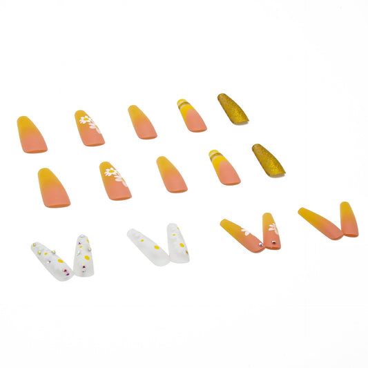 24pcs / boîte en jaune Daisy Long Ballerine Faux portables Faux Nails Appuyez sur une couverture complète des ongles finis détachables