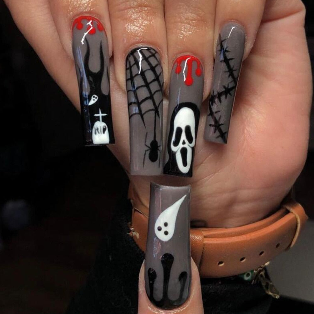 24Pcs Halloween Extra Long Press on Nails Coffin Fake Nails Acrylic  Black White Clown Designs Glossy Artificial Nails for Women