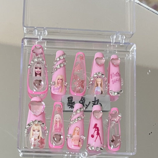 Kawaii barbie handgjorda naglar lapp klistermärken anime y2k tecknad lång kista stilett bärbara falska naglar konst manikyr smycken gåva