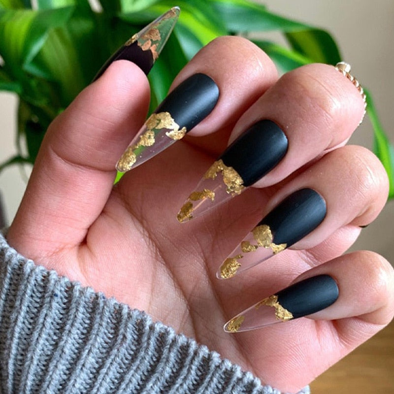 3D nep nagels accessoires zwart goud glitters Franse amandel dragen tips faux ongles druk op acryl valse nagel set benodigdheden