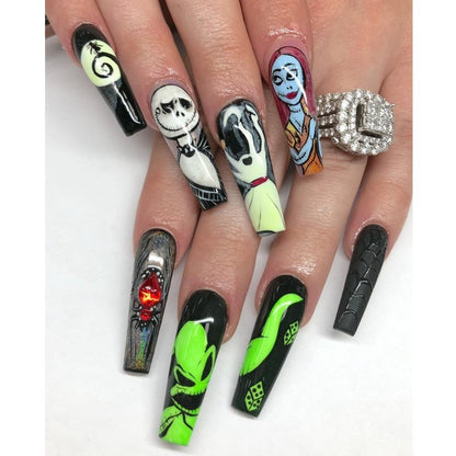 3D fake nails set for halloween party green ghost bride spider with rhinestones long french tips faux ongles press on false nail