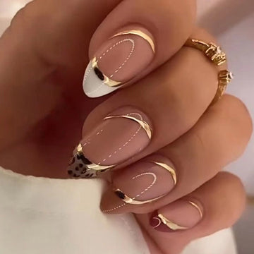 24 st lång stilett falska naglar vågkålar dekorerade bärbara franska falska naglar tryck på naglar leopard tryck mandel manikyr tips