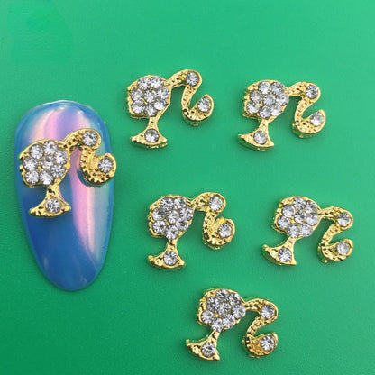 10pc Gold Silver Kawaii Ponytail Girl Nail Charms Alloy Crystal Rhinestone Glitter Nail Parts DIY Nail Art Decoration Accessorie