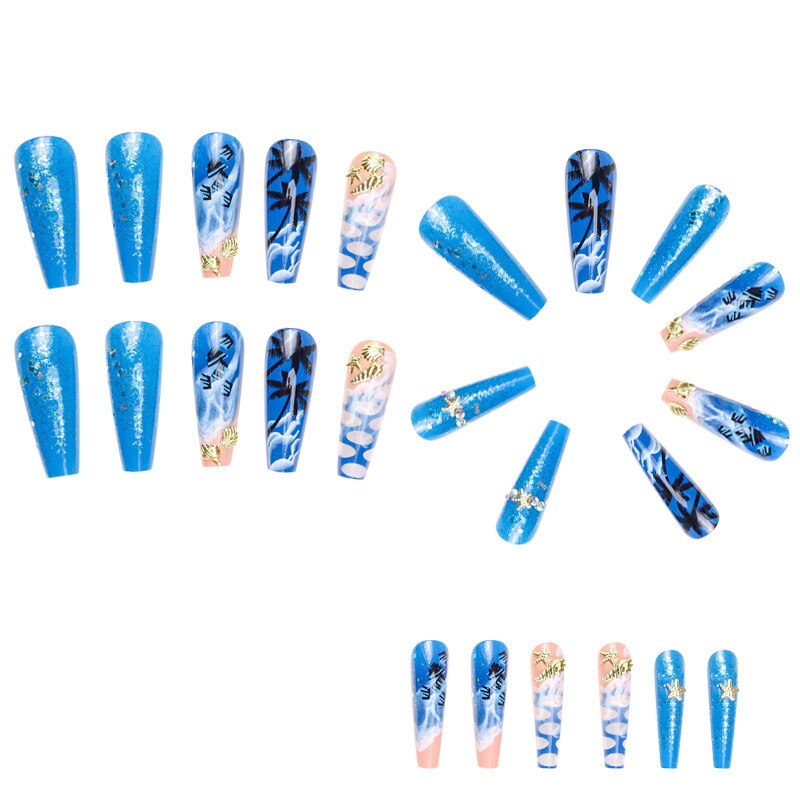 3D strobe fake nails accessories Hand painted beach wearing long french coffin tips with shells diamond press on false nail set