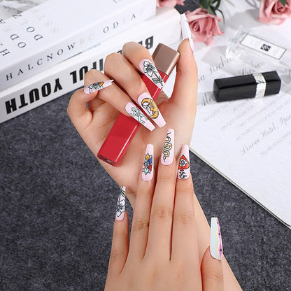 3D fake nails accessories long french coffin tips frog snake rose flower designs faux ongles press on acrylic false nail set